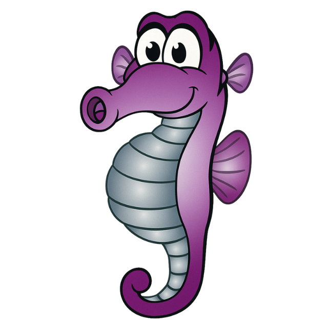 A purple seahorse with big eyes, smiling, on white background.