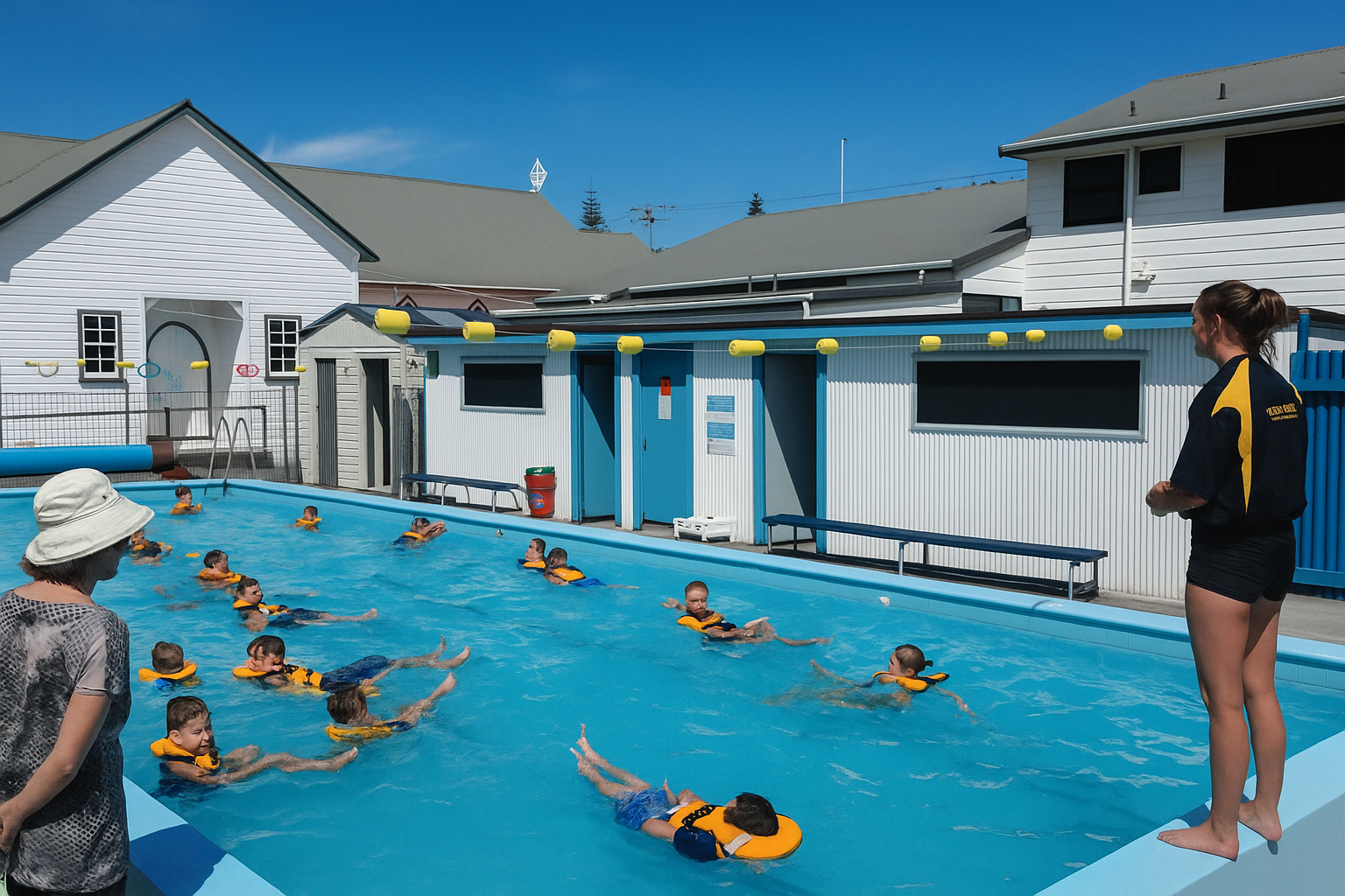 Children in a pool wearing life vests during swim lessons, supervised by an instructor, outdoors at a pool facility.