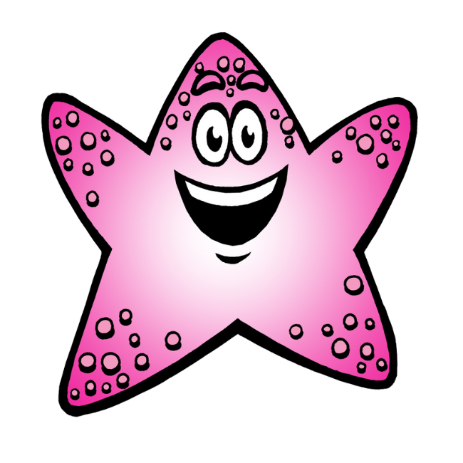 Smiling pink starfish with black outline.
