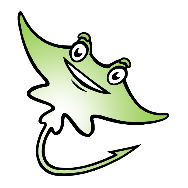 Smiling green stingray with googly eyes and a curved tail.