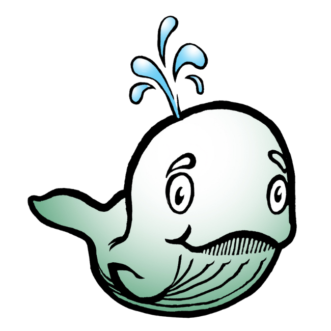 Cartoon whale with water spout, green-blue gradient, smiling, white face.