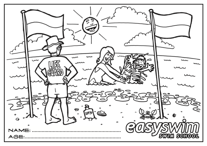 Beach scene: Lifeguard, swimmer, child, sun, waves, and flags.