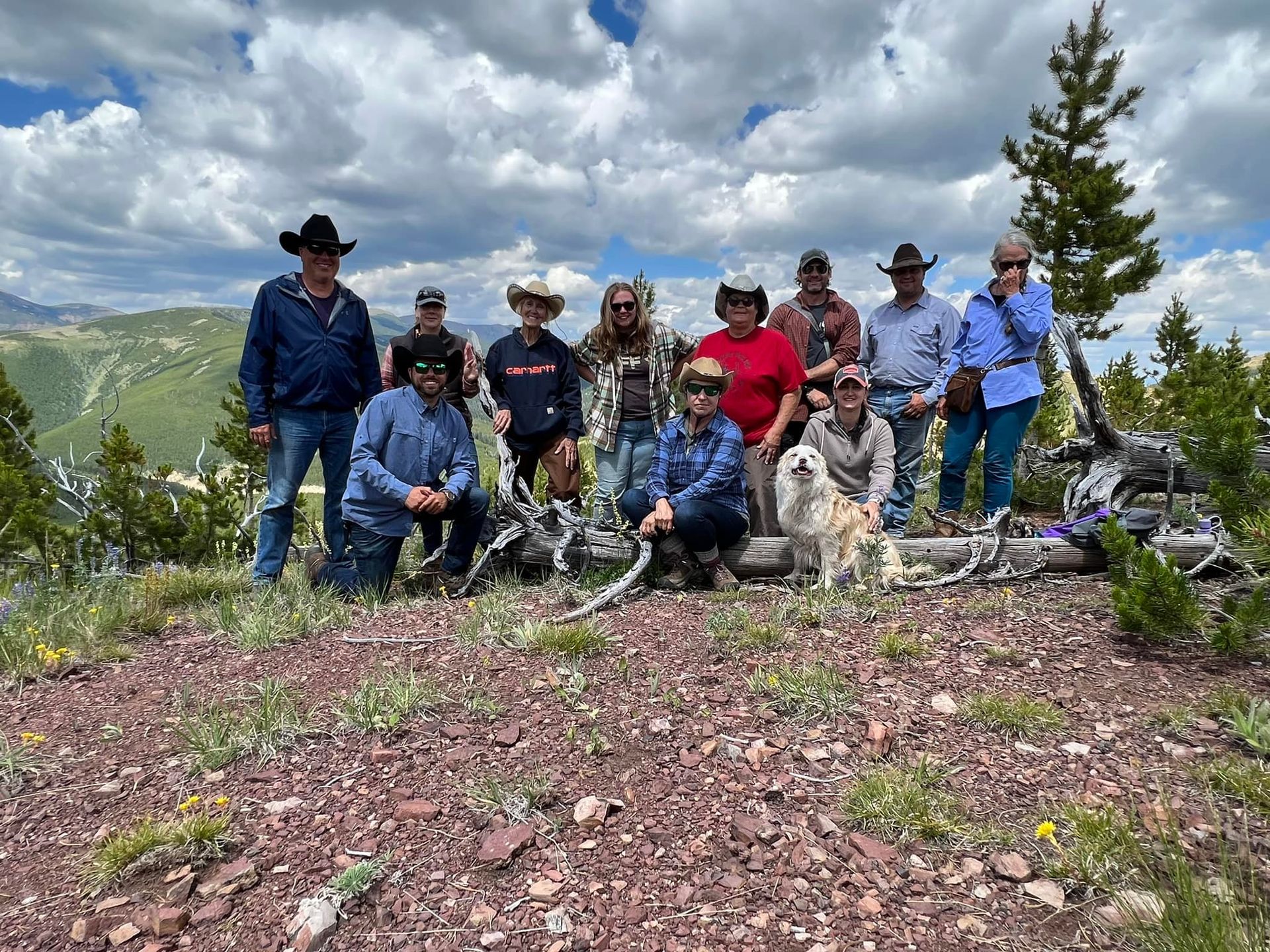 A group of people are posing for a picture on top of a mountain.