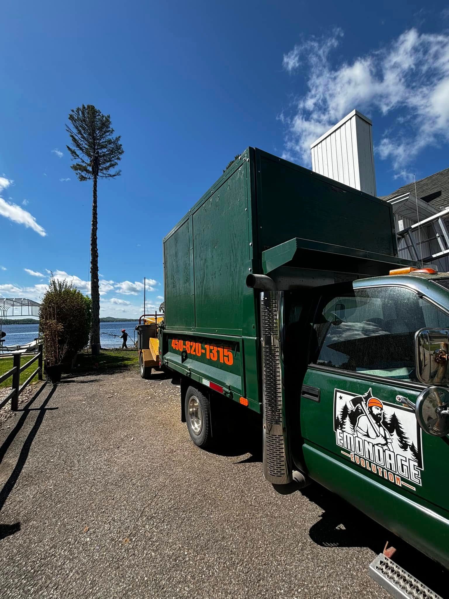 Un camion de chantier vert est garé sur un chemin de gravier près d'un point d'eau et d'un grand arbre dont les branches dissimulent une antenne-relais.