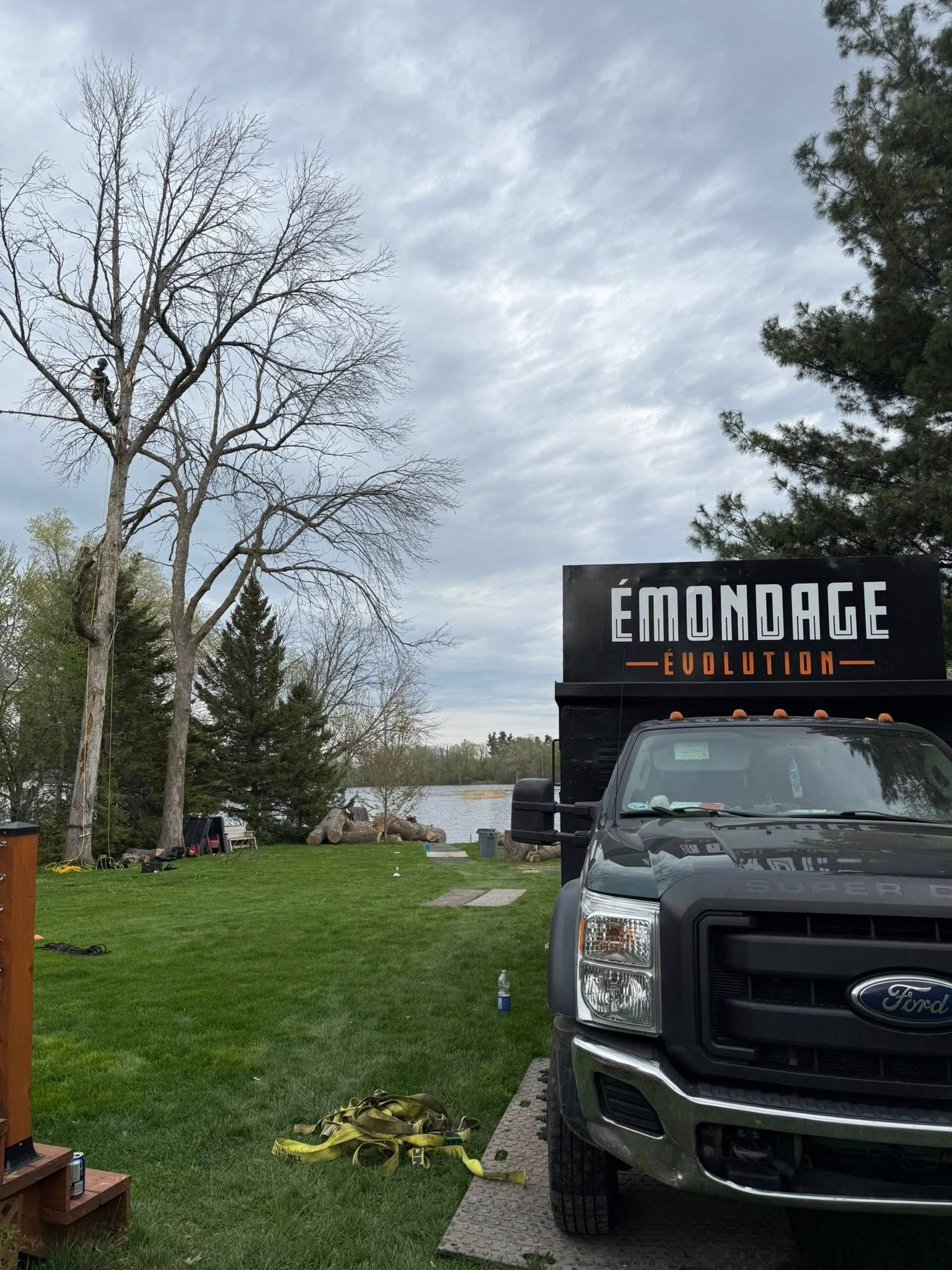 Un camion noir est stationné sur l'herbe, à côté d'une benne à ordures noire. Une rivière se dessine à l'arrière-plan. Ciel nuageux.