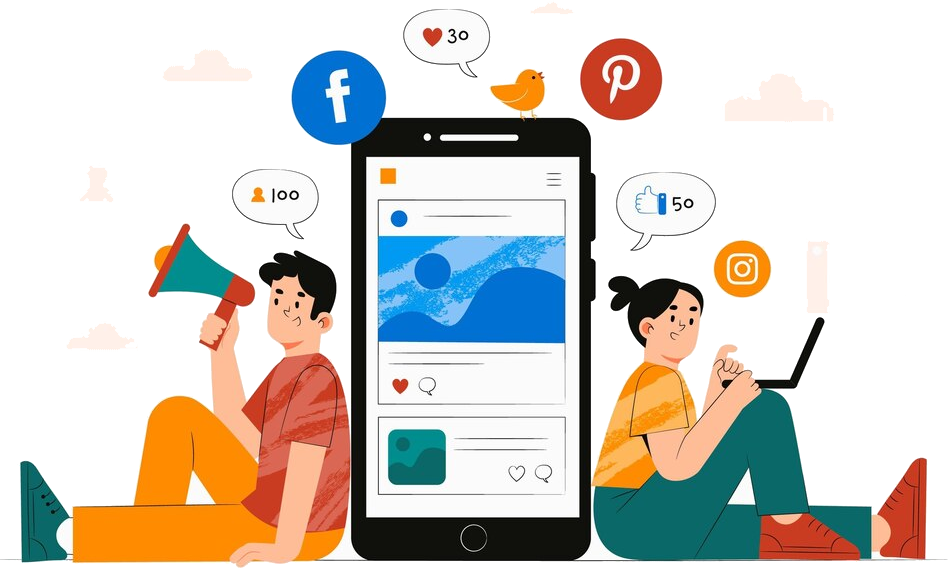 an illustration of a man holding a megaphone and a woman using a laptop