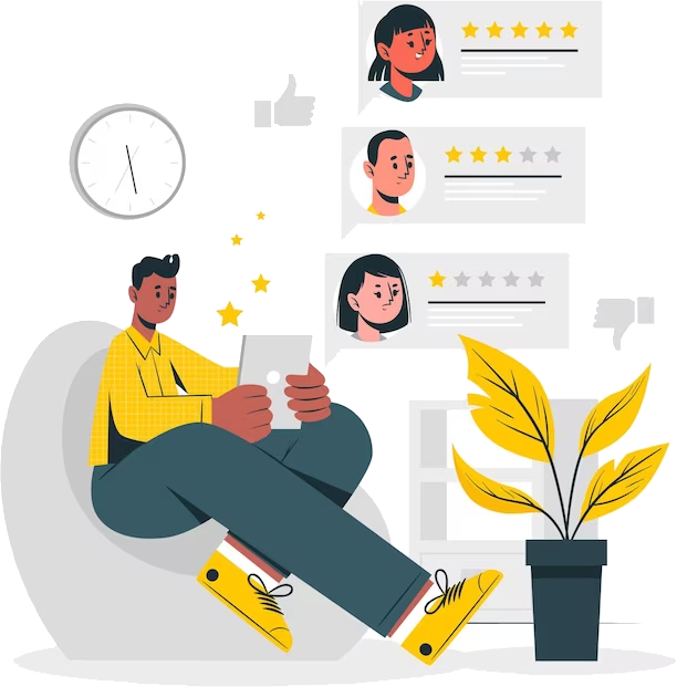 an illustration of a man sitting in a chair looking at a tablet