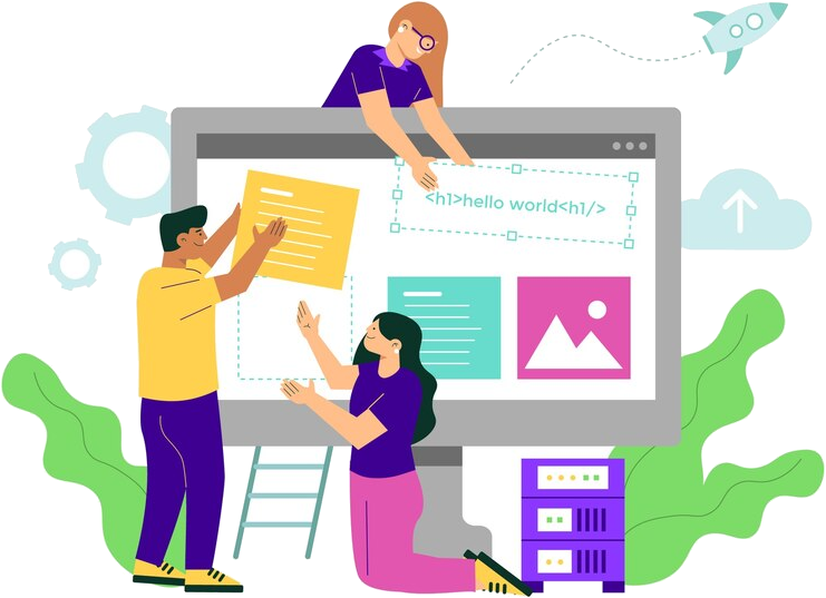 a group of people are working on a computer screen that says hello worldchi /