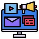 a computer monitor with a megaphone and envelopes on it .