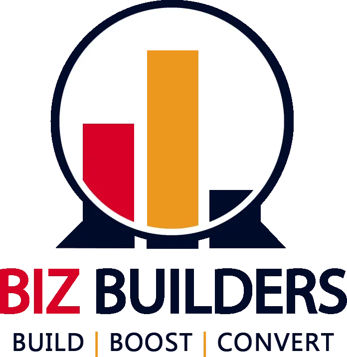 A logo for biz builders that says build boost convert