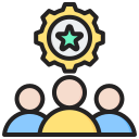 a group of people standing next to each other with a gear and a star above them .