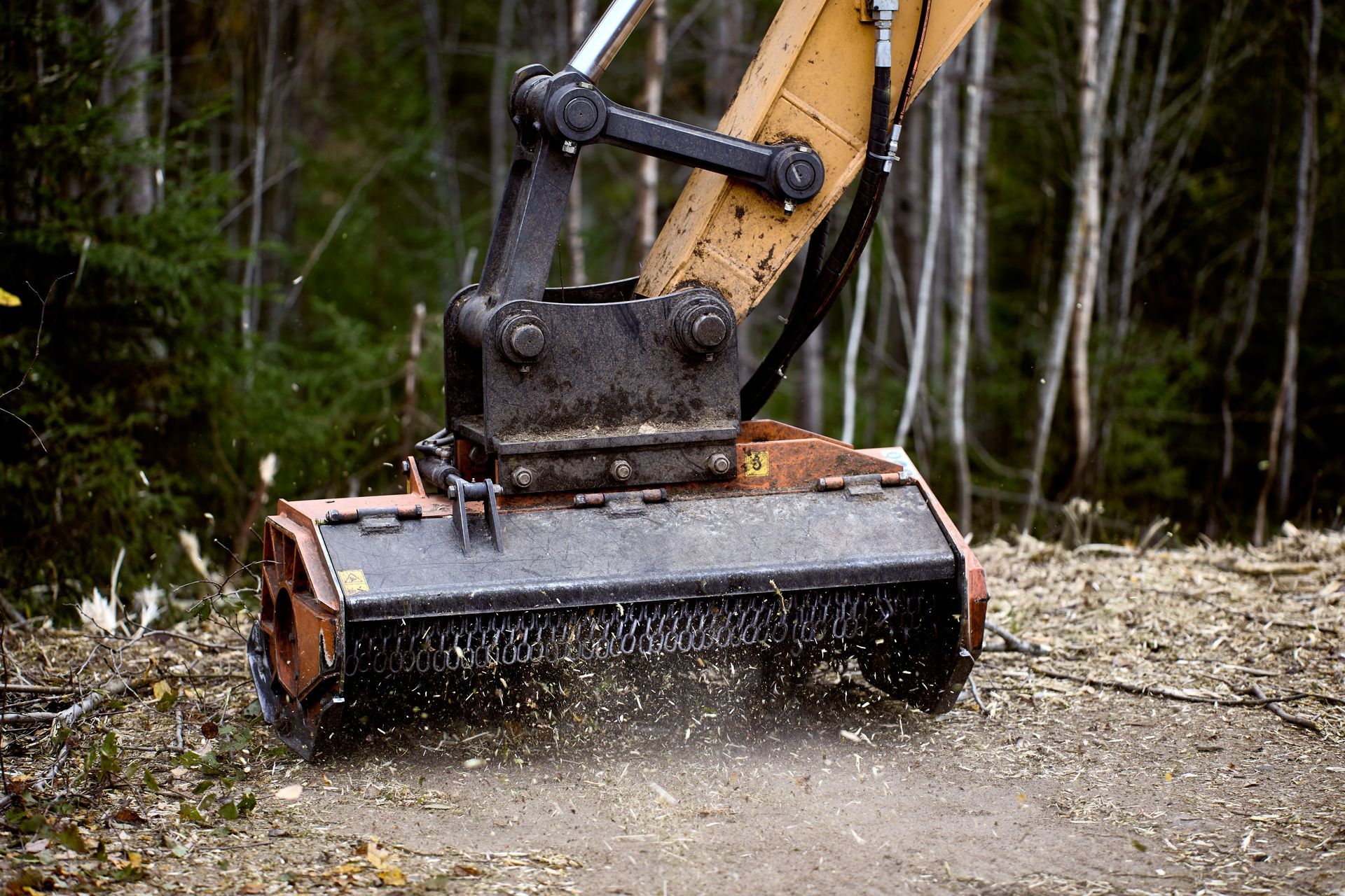 A bulldozer is cutting down trees in the woods.