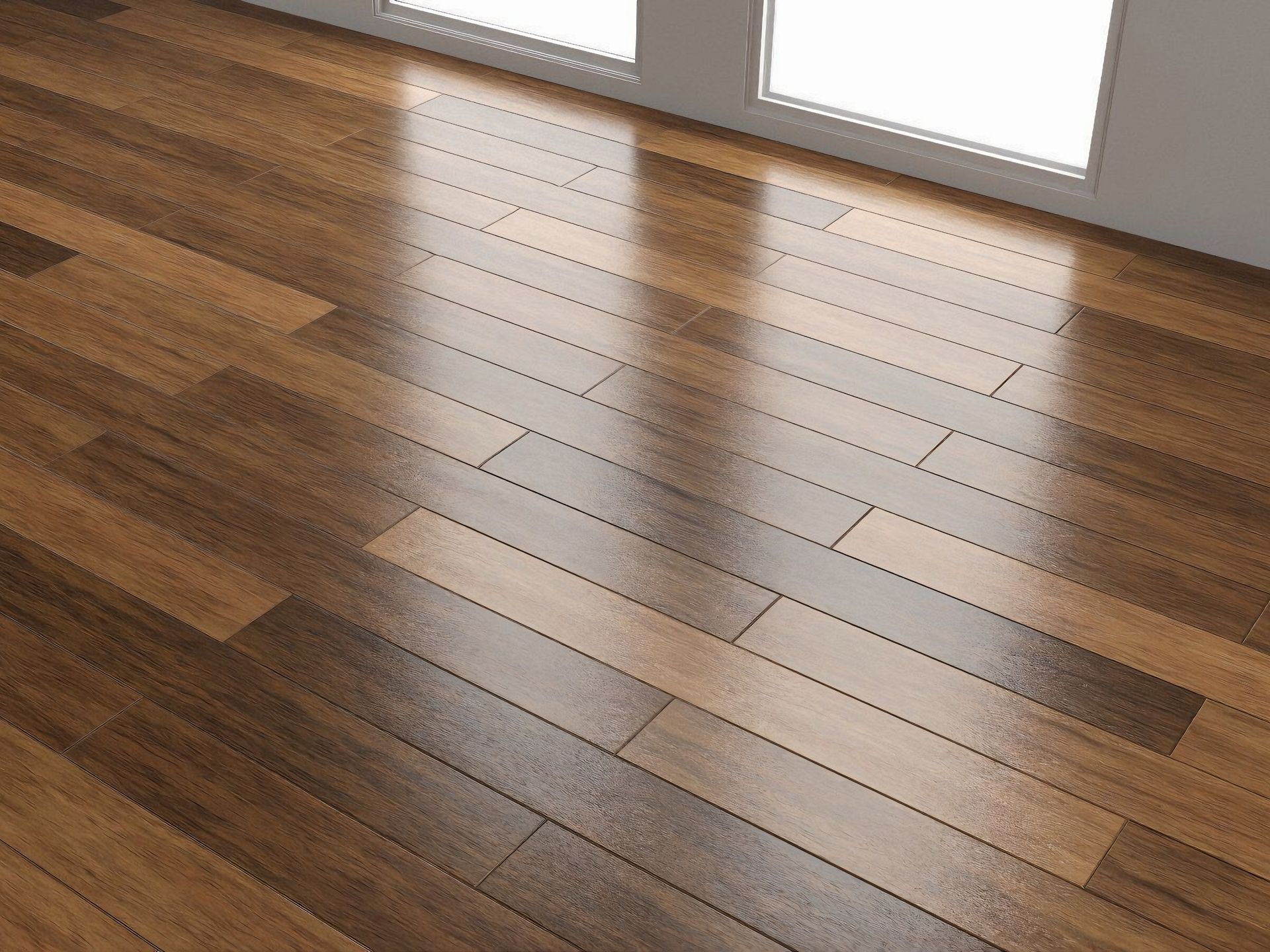 A room with a wooden floor and two windows