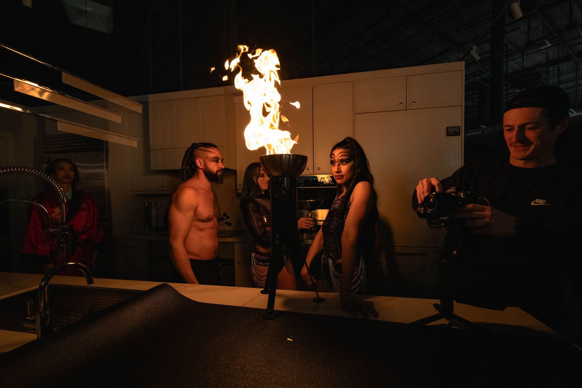 A group of performers finishing up a performance.