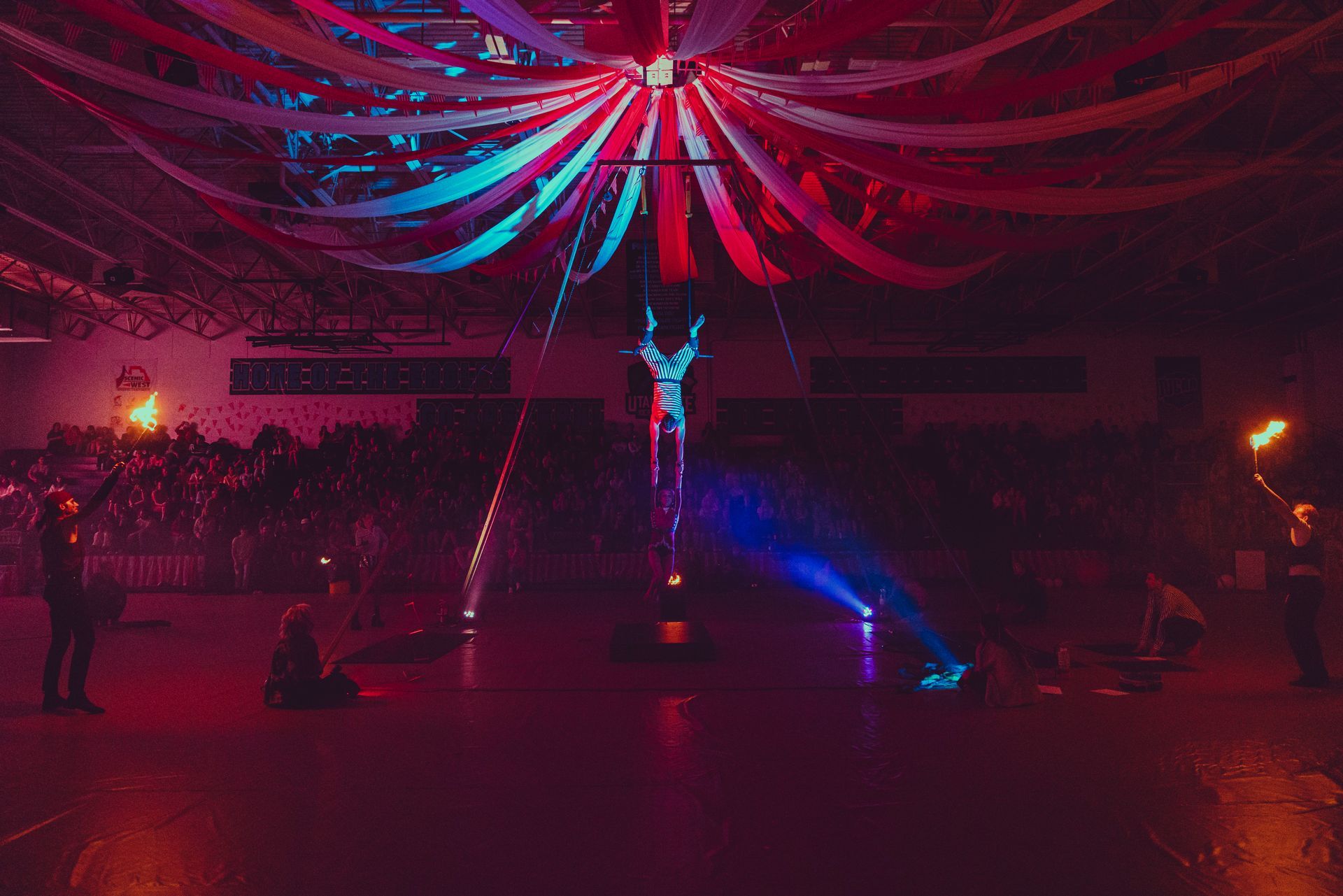 A person is standing on a pole in a dark room with a lot of lights.