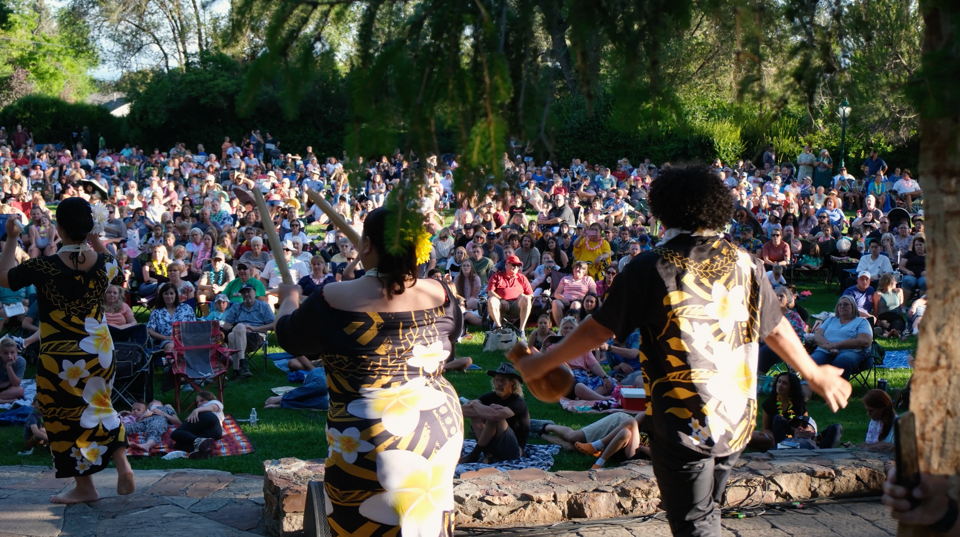 A group of people are dancing in front of a crowd in a park.