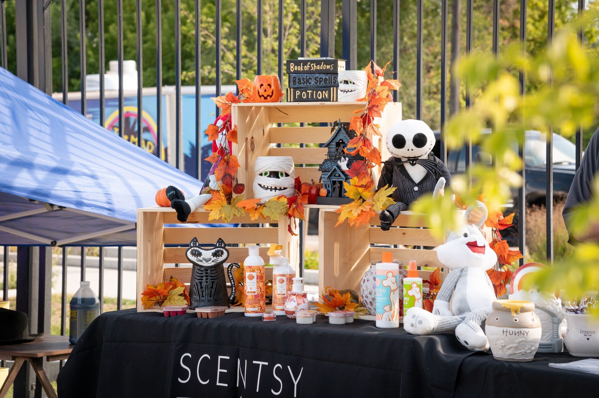 A table with a nightmare before christmas display on it.