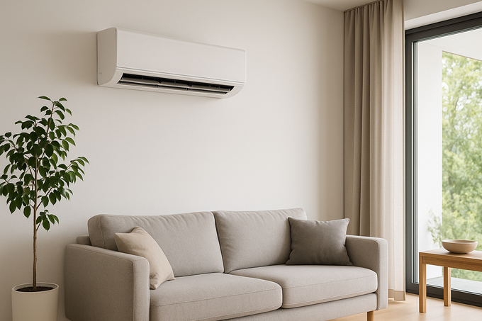 A living room with a couch , air conditioner , and large window.