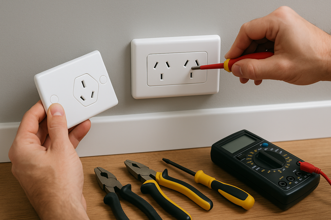 A person is fixing an electrical outlet with a screwdriver.