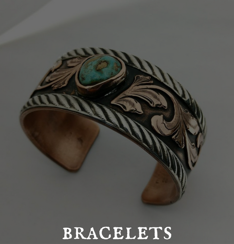 A bracelet with a turquoise stone is displayed under the words bracelets