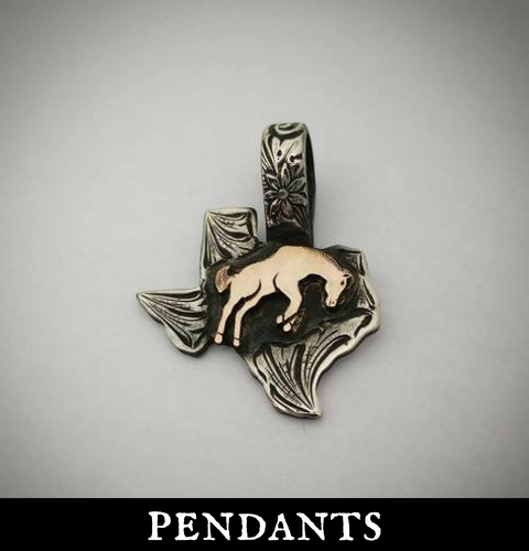 A pendant with a horse in the shape of texas