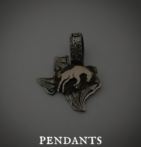 A pendant with a horse on it in the shape of a texas state