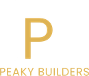 Gold "P" with "PEAKY BUILDERS" text below, on white background.
