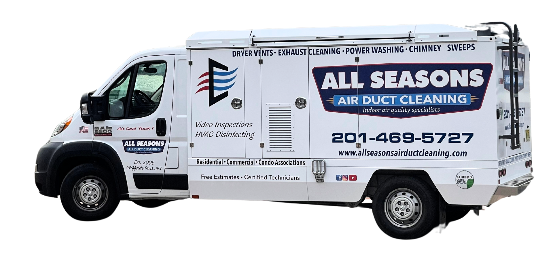 A white van from all seasons air duct cleaning is parked on a white background.