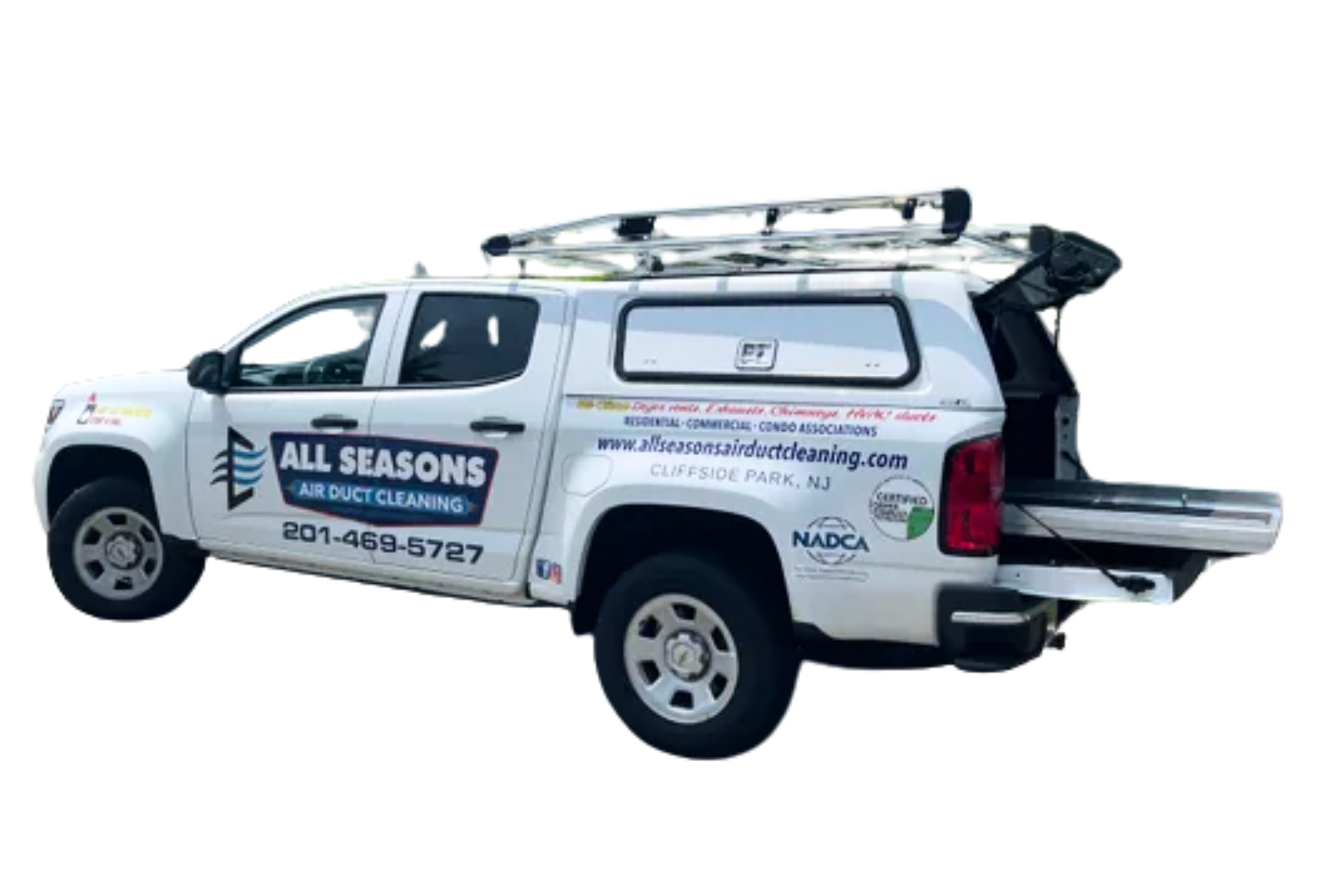 A white van from all seasons air duct cleaning is parked on a white background.