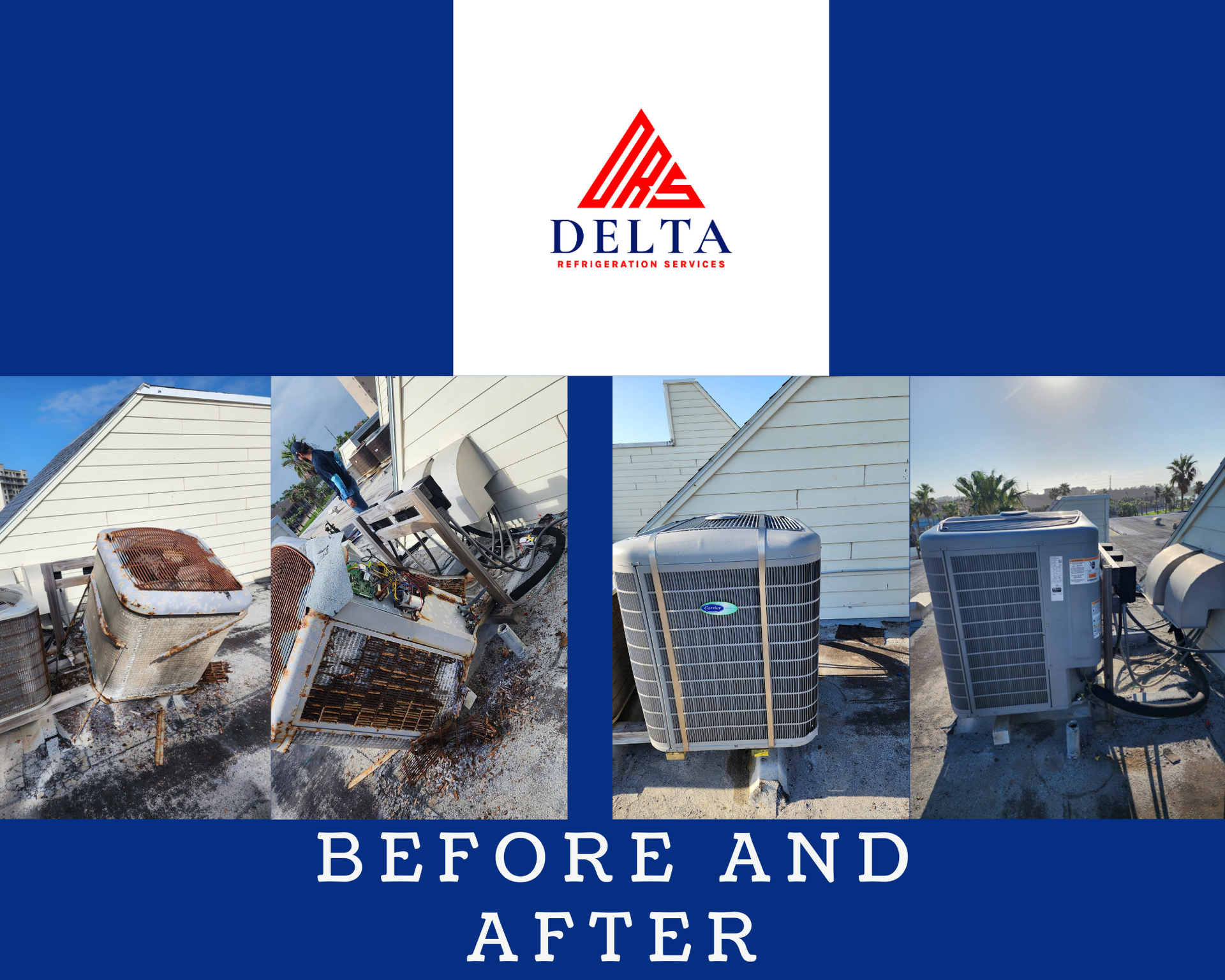 A before and after photo of an air conditioner on a roof