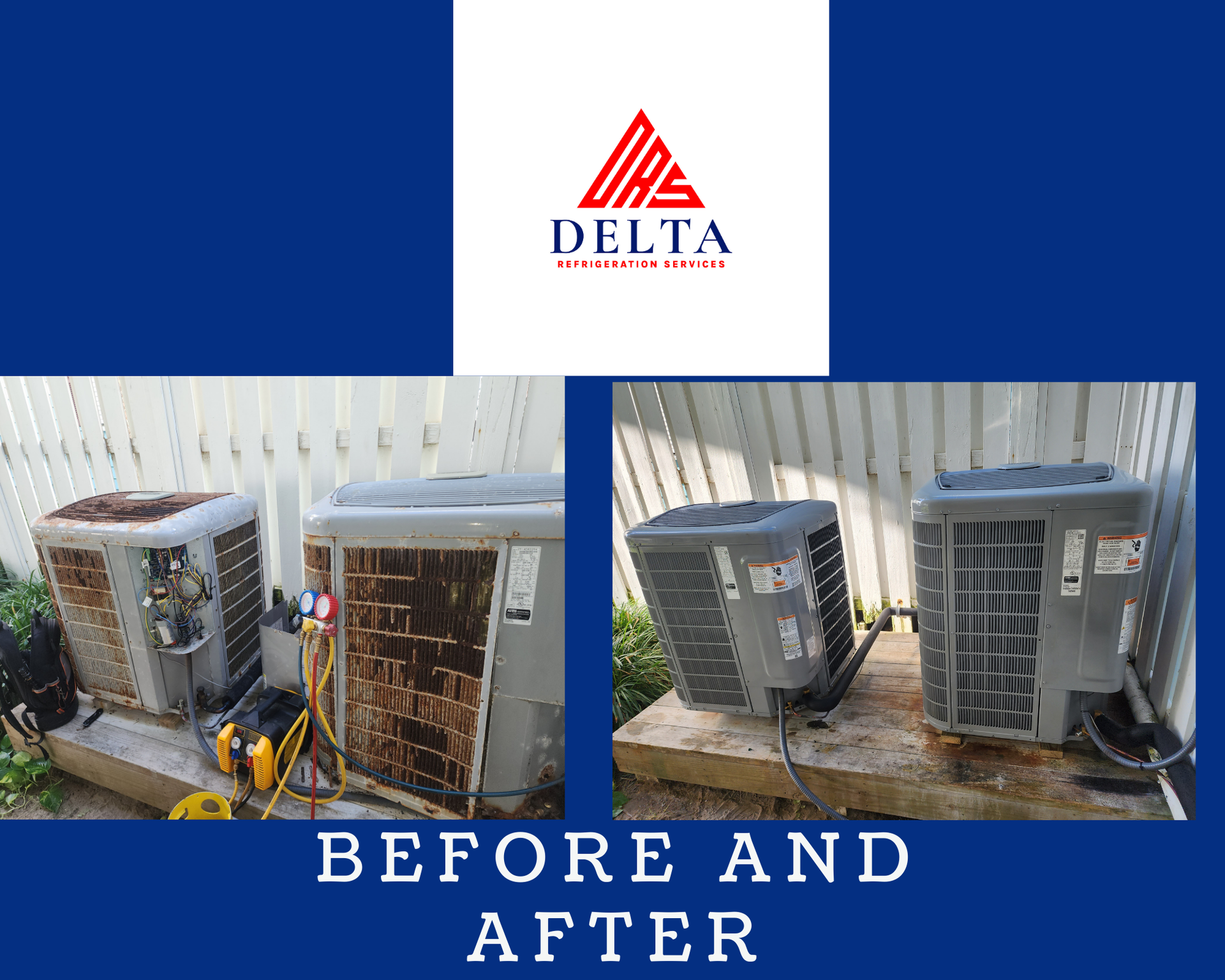 A picture of two air conditioners before and after being installed.