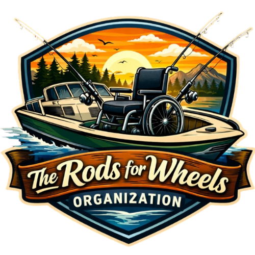 Logo for The Rods for Wheels Organization featuring a wheelchair and fishing rods on a boat at sunset.