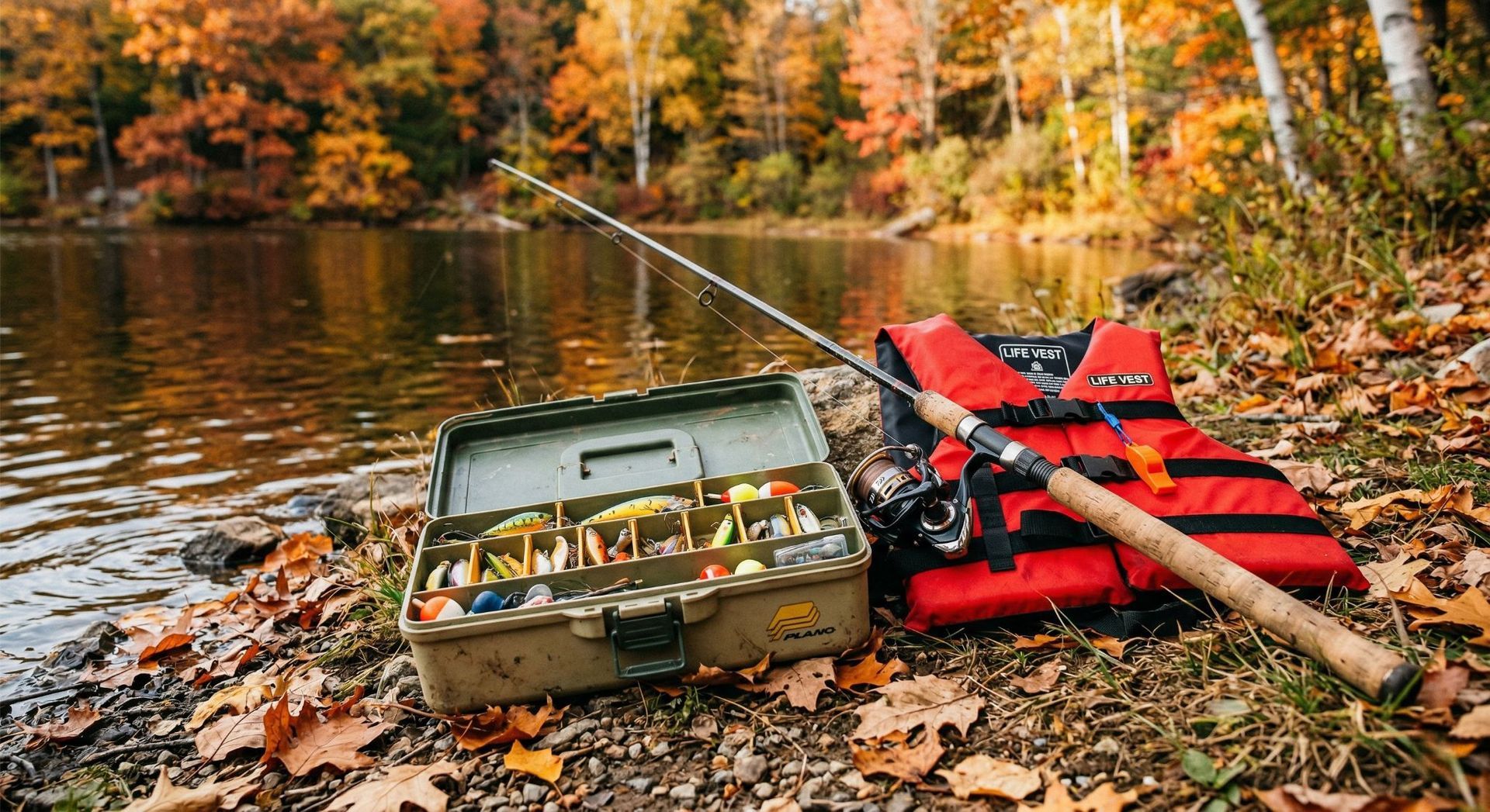 A fishing tackle box, rod, and red life vest sit on a leaf-covered shore by a lake during autumn.