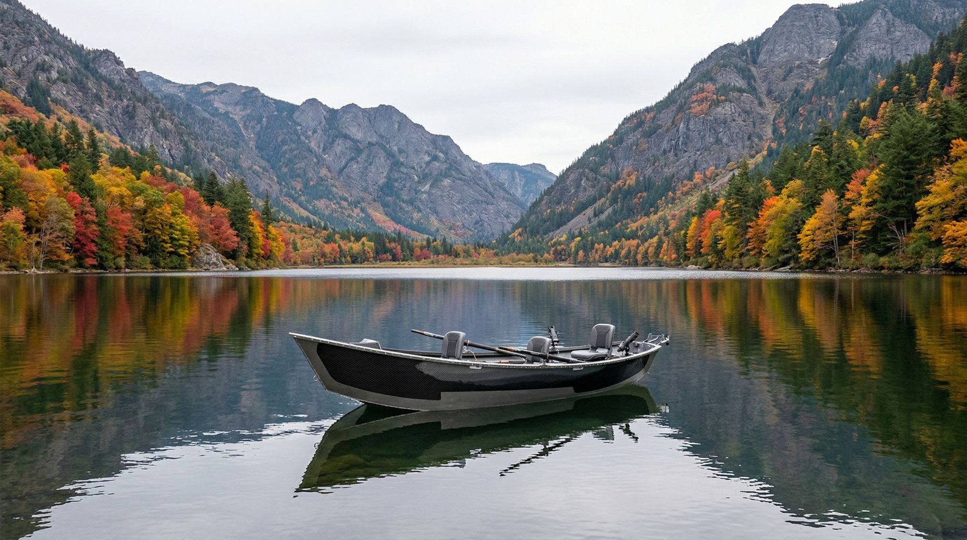 A black boat floats on a calm, reflective lake surrounded by mountains and trees with autumn foliage.