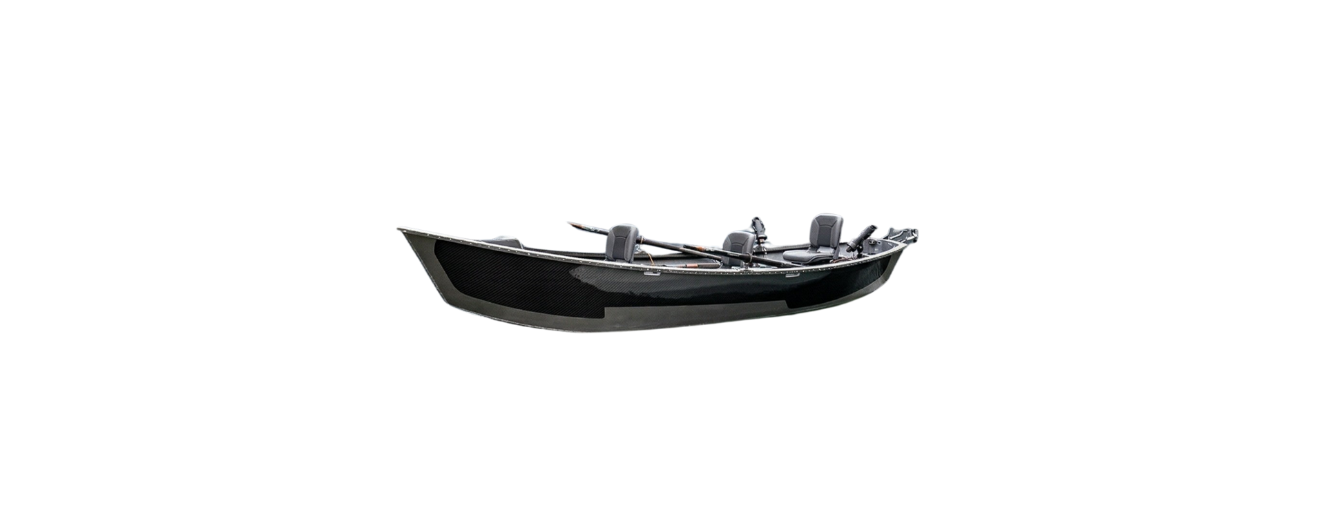 A sleek, black drift boat on a white background, featuring three grey seats and oars mounted on the sides.