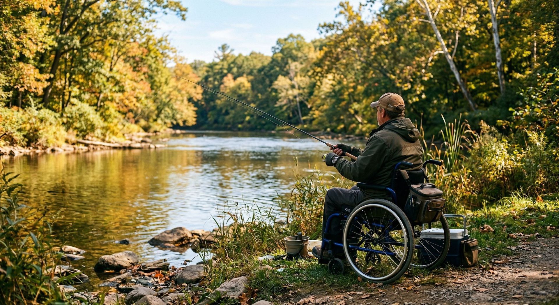 A person in a wheelchair fishing with a rod on the bank of a calm, tree-lined river during autumn.