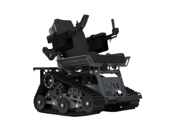 A black, heavy-duty all-terrain wheelchair featuring tank-like treads for mobility on rough surfaces.