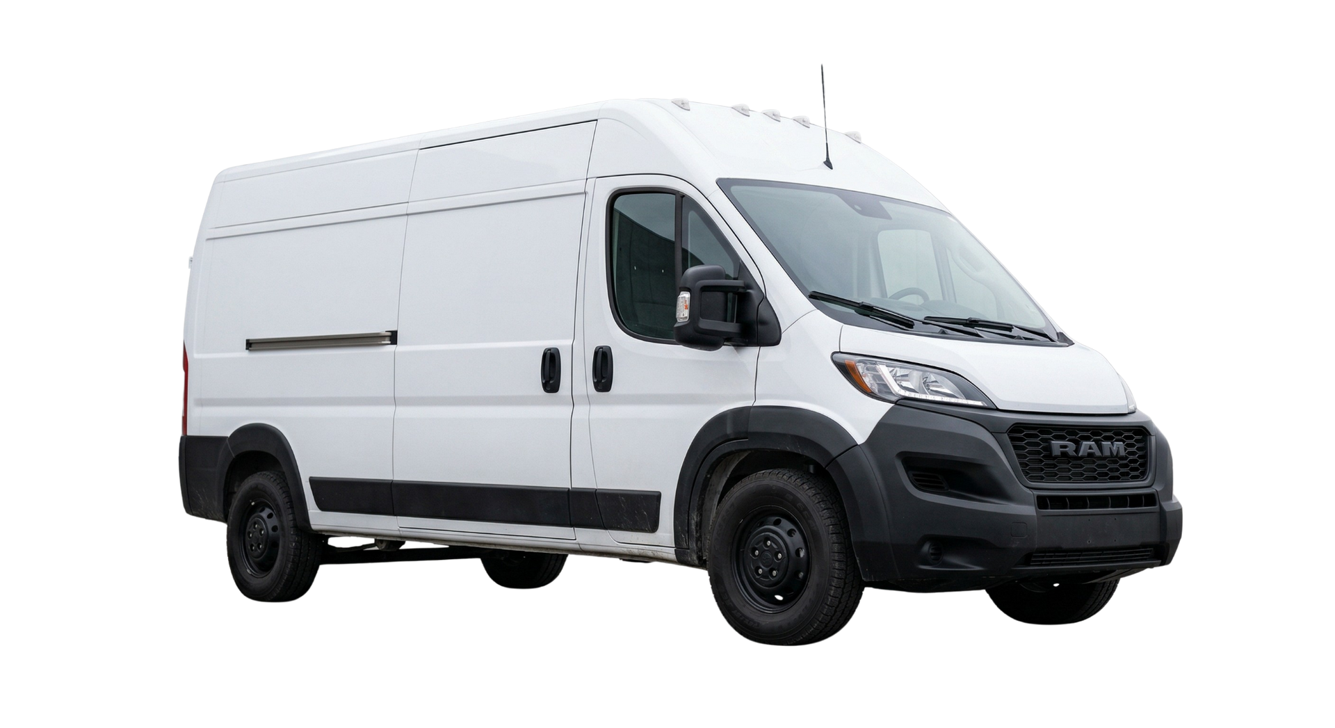 A white Ram ProMaster cargo van viewed from the front three-quarter angle against a white background.