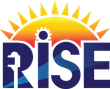 The word "RISE" in bold blue letters with a sunrise graphic above, a gear icon on the "I," and a power plug in the "R."