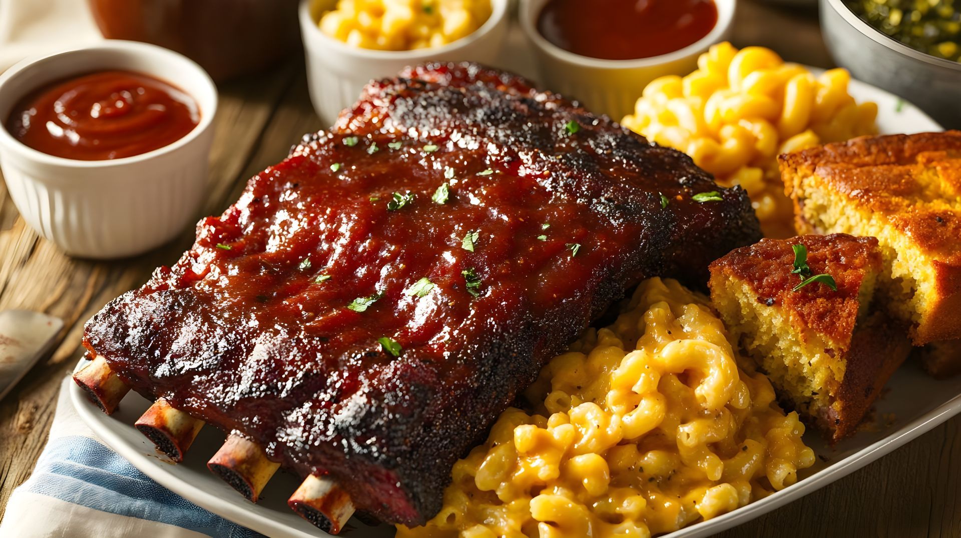 Barbecued ribs, mac and cheese, and cornbread on a plate with barbecue sauce in small bowls.
