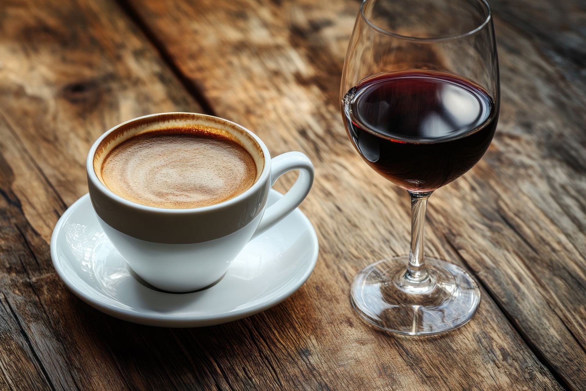 A white cup of coffee and a glass of red wine sit on a rustic wooden table.
