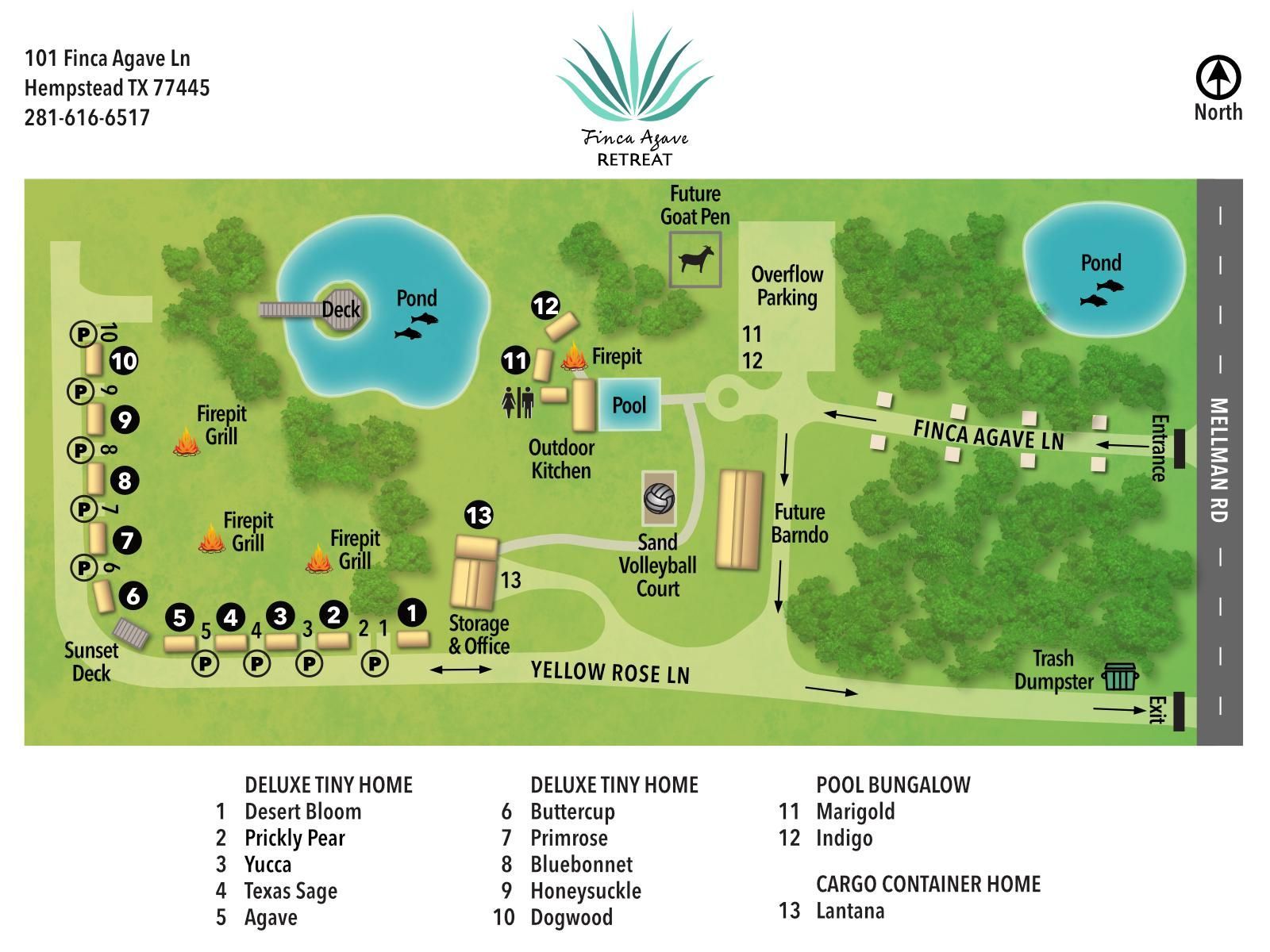 Map of a resort, featuring various amenities like a pool, pond, cabins, and sports facilities, located in Kempner, TX.