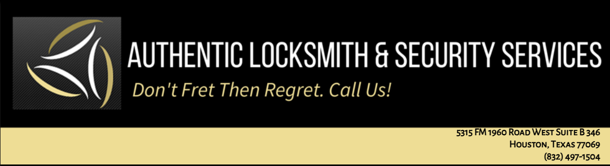 Authentic Locksmith & Security Services banner with gold logo on black background and contact details