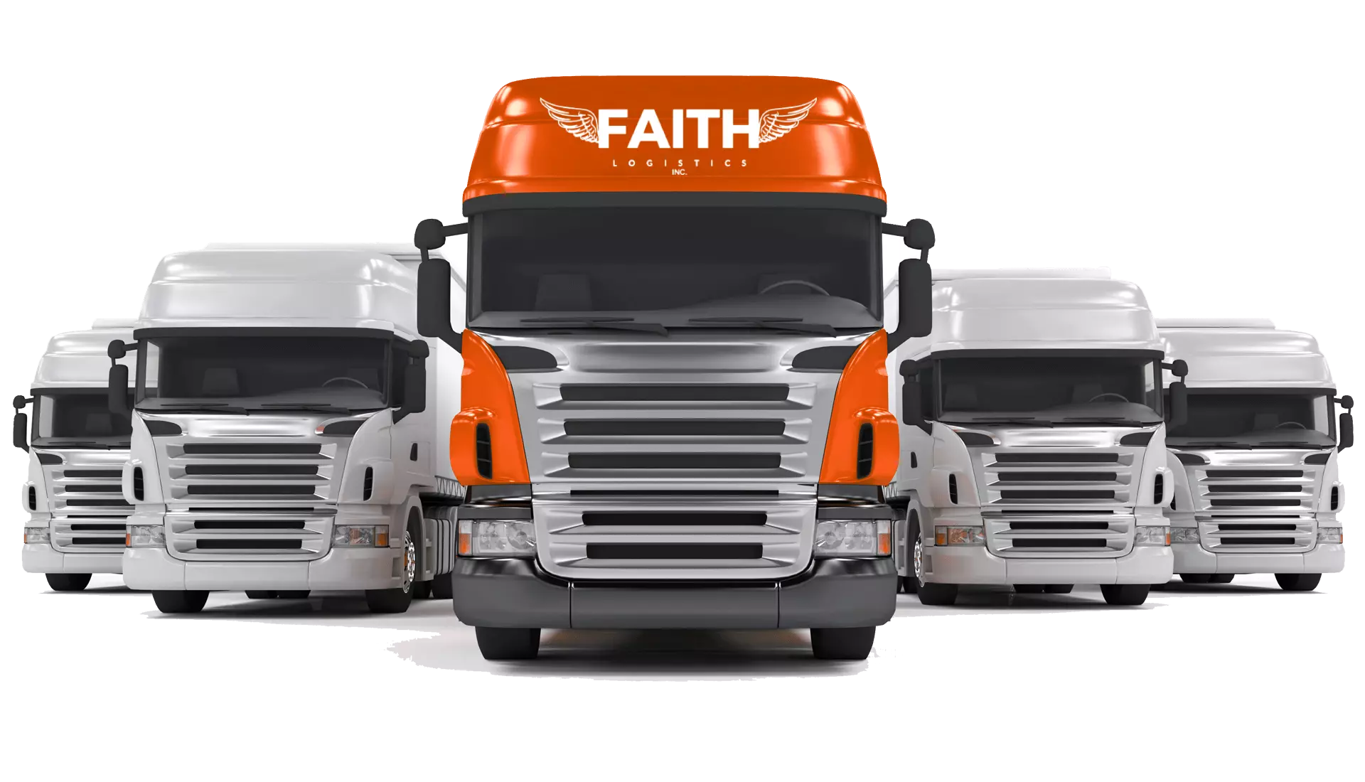 Five semi-trucks, one orange and the rest white, with 