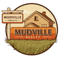 Mudville Realty logo: house silhouette, realty sign, grass, within a circle.