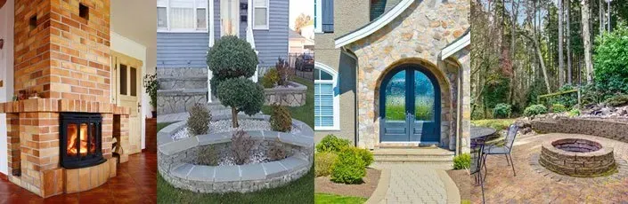A collage of four pictures of a house , stairs , a pool , and a driveway.