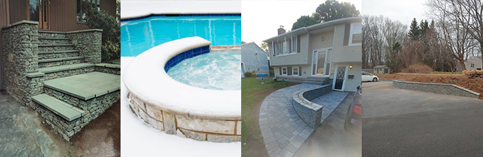 A collage of four pictures of a house , stairs , a pool , and a driveway.