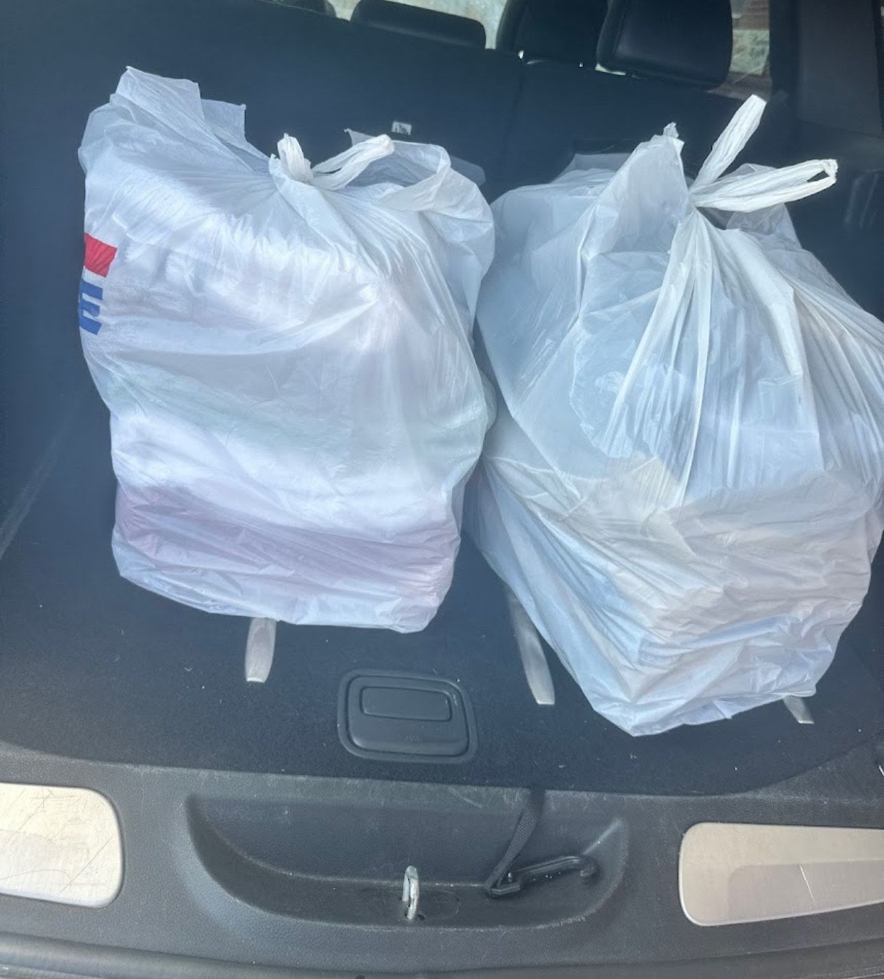 Two plastic bags are in the back of a car