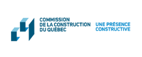 Logo of the Commission de la Construction du Québec: blue geometric shapes with text "Une présence constructive".