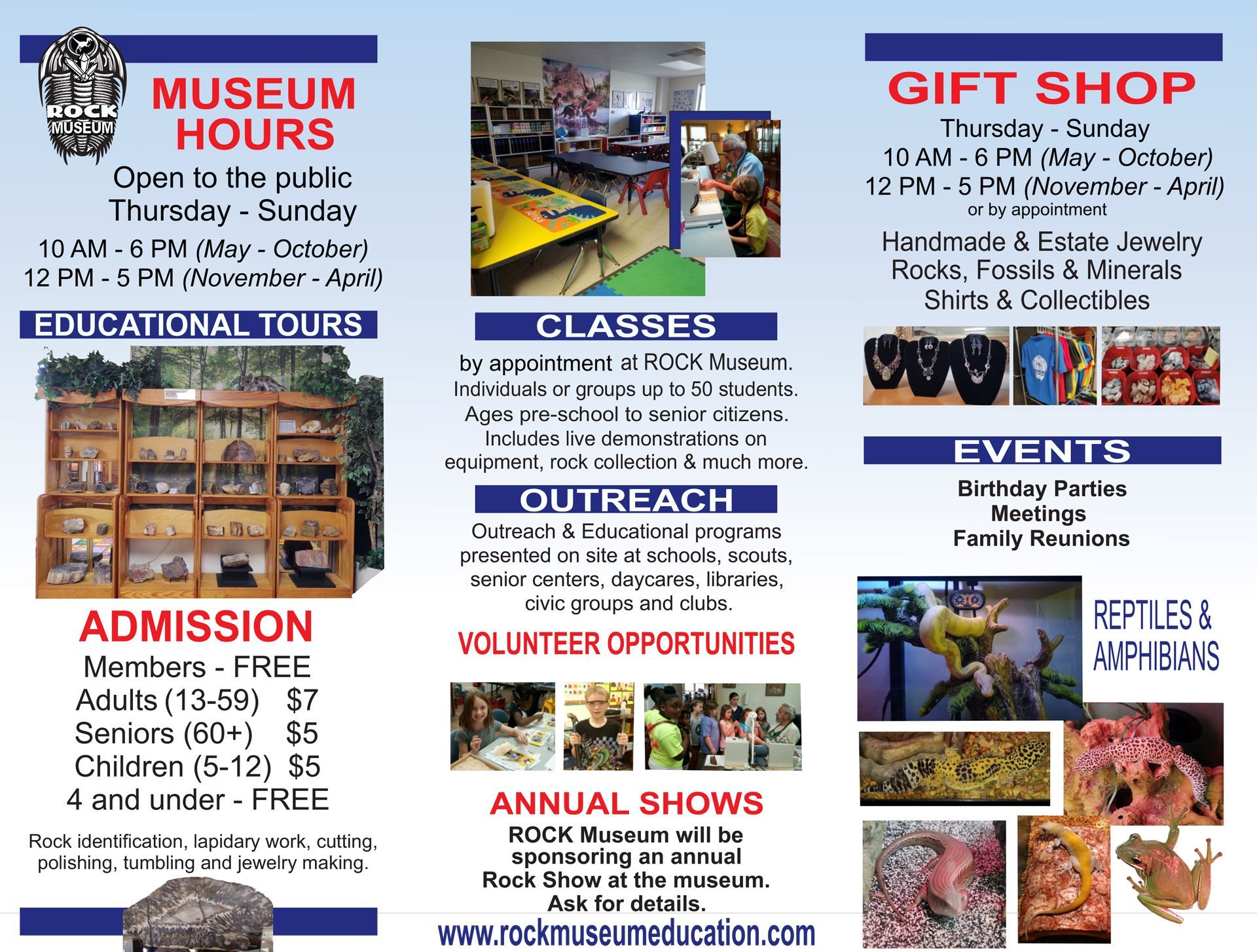 A brochure for a museum hours and gift shop